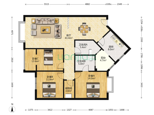 人和苑 3室1厅2卫 124平方