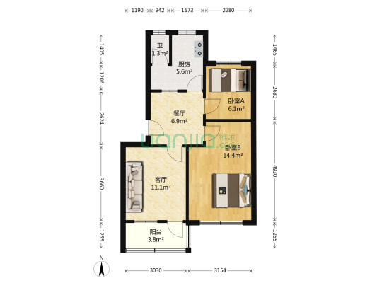 传输局宿舍 2室2厅1卫 63平方