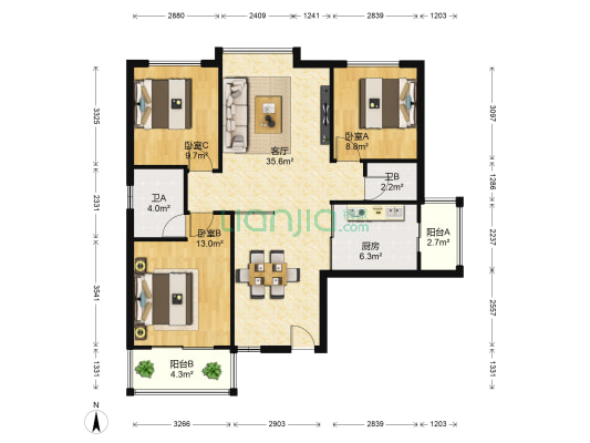 汇城尚东 3室1厅2卫 120平方