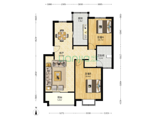 锦秋花园(公寓) 2室1厅1卫 95平方