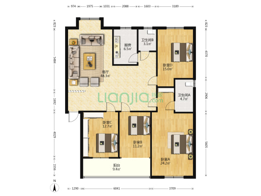 襄阳市工会干部学校滨江路家属院 4室1厅2卫 153平方