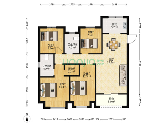 孔雀城四季澜湾 4室1厅2卫 122平方