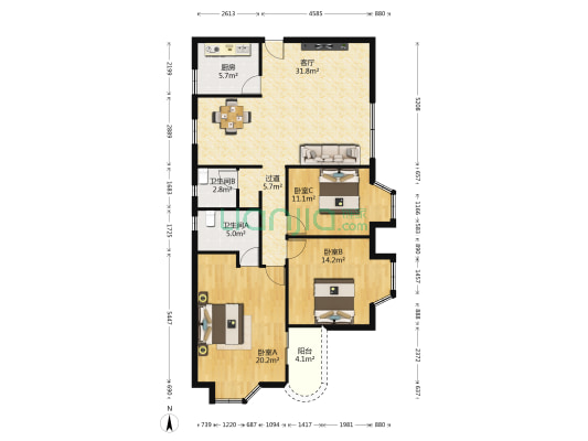 怡庭园 3室1厅2卫 123平方