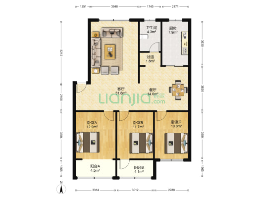 泰安市实验中学家属院 3室2厅1卫 129平方