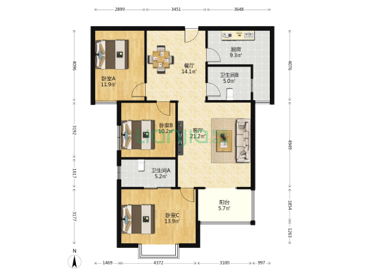 天伊阁小区 3室2厅2卫 130平方