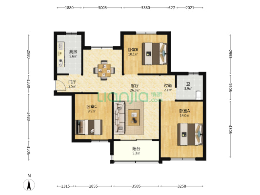 匯雁城 3室1厅1卫 105平方