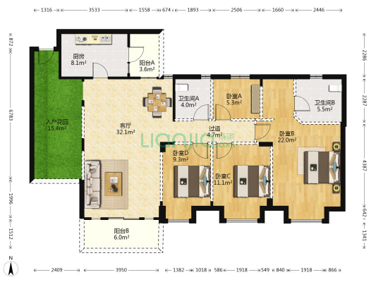 雅居乐滨江花园 4室1厅2卫 142平方