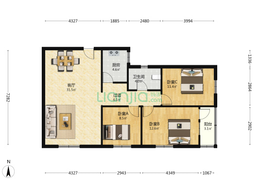 华侨大厦 3室1厅1卫 118平方