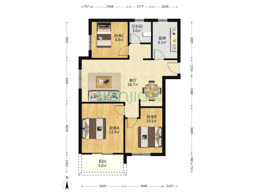 滨江怡景苑 3室1厅1卫 105平方