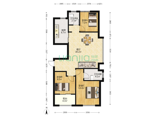 星汇源著花园 3室1厅2卫 95平方
