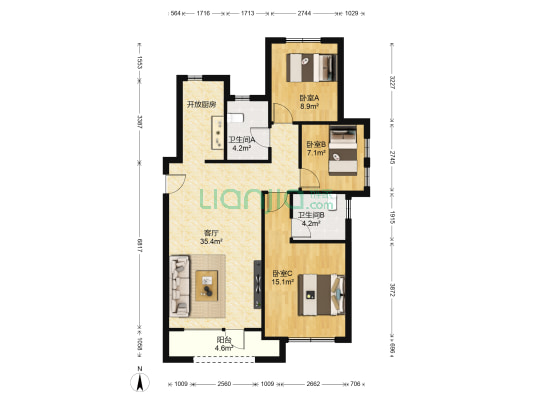 苹果社区 3室1厅2卫 110平方