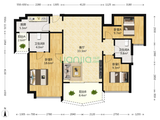 九颂山河 3室1厅2卫 116平方