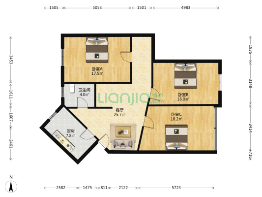 银河大厦 3室1厅1卫 104平方