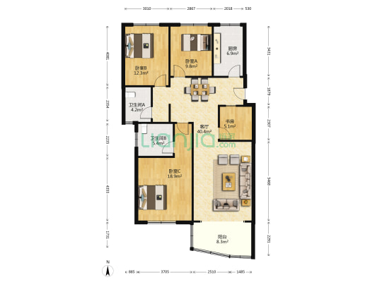银园公寓小区 4室1厅2卫 135平方