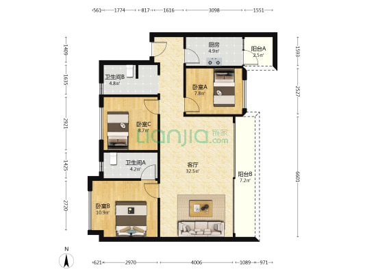 北域华庭 3室1厅2卫 106平方