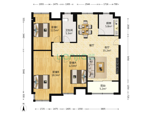 锦盛豪庭·北苑 3室1厅1卫 129平方
