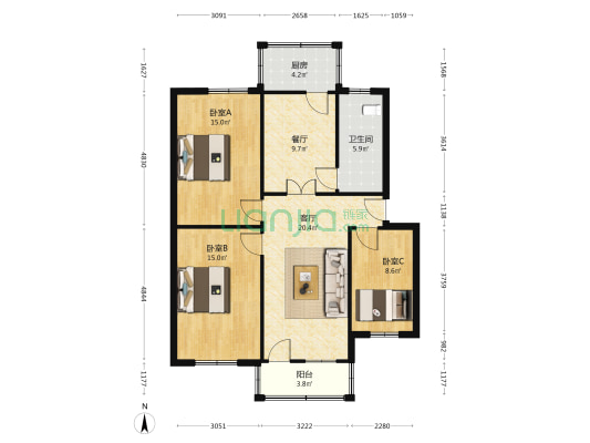 阜阳市气象局家属院 3室2厅1卫 92平方