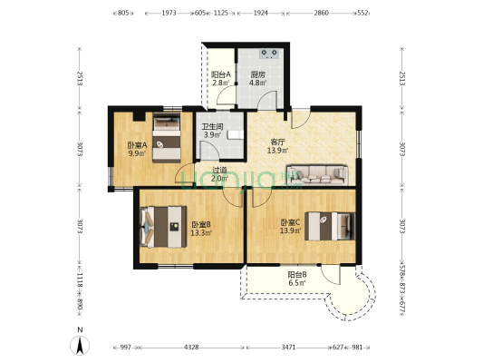 龙口东路翠竹苑 3室1厅1卫 93平方