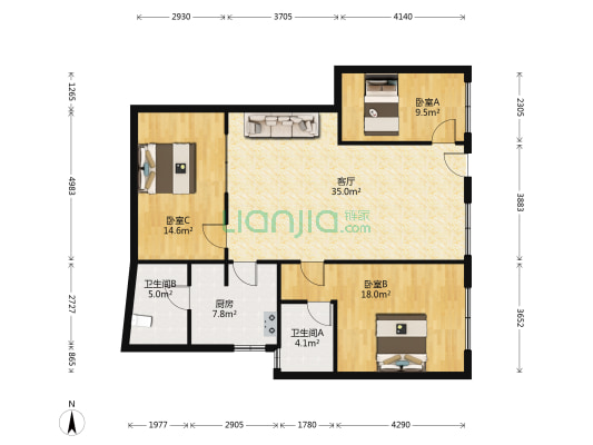 航空花园 3室1厅2卫 107平方