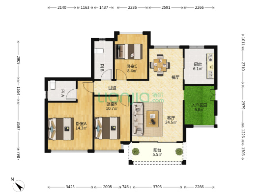 裕联·丰景湾花园 3室1厅2卫 106平方