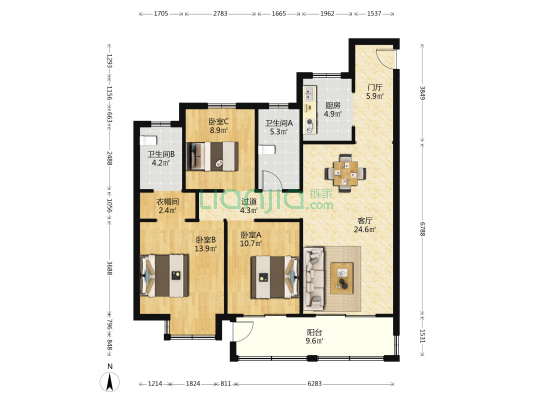 桃颐雅居 3室1厅2卫 136平方
