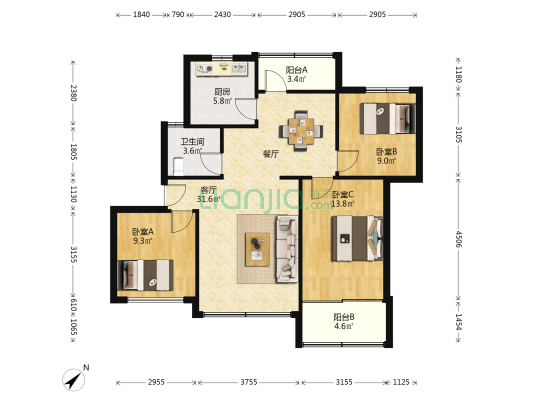 金海岸中学教师公宿舍 3室1厅1卫 91平方