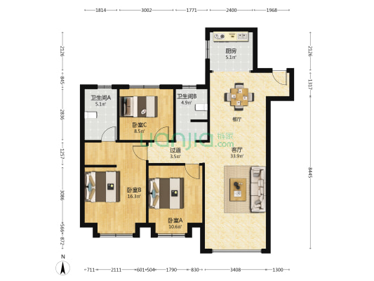 富南花苑 3室1厅2卫 122平方