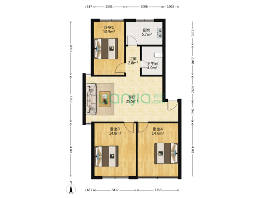 建行宿舍 3室1厅1卫 97平方