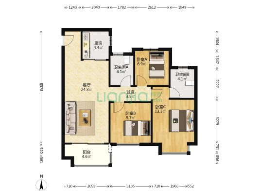 中海城C区 3室1厅2卫 101平方