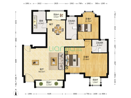 元一名城C区 2室1厅2卫 130平方
