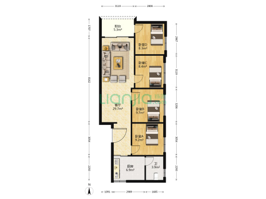 刘园左六巷9号 4室1厅1卫 91平方