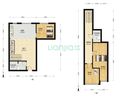钻石广场，南北跃层，好楼层，看房房便-户型图