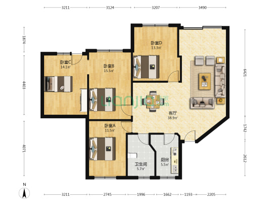一环路西二段20号 4室1厅1卫 123平方