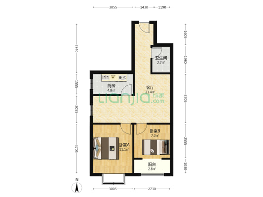 涿州东站天保绿城，简装小两居，南侧是小区大花园-户型图