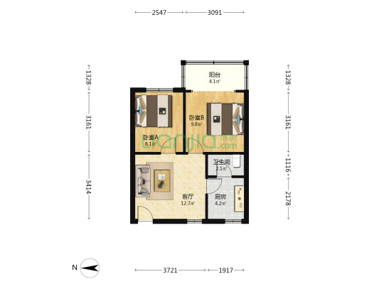 中山三路二巷 2室1厅1卫 53平方