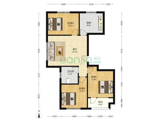 台湾馨园 3室1厅1卫 109平方
