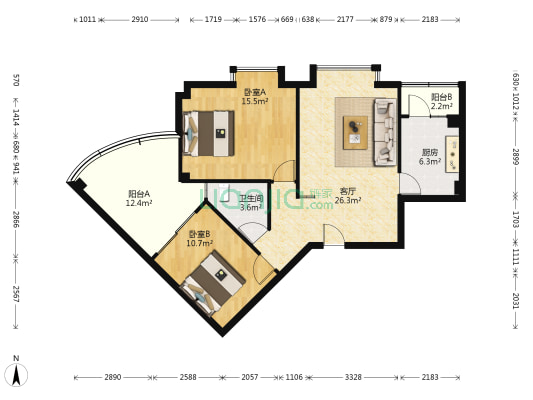 中央欣城 2室1厅1卫 89平方