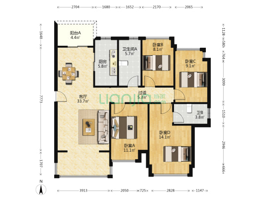 招商依云华府 4室1厅2卫 128平方