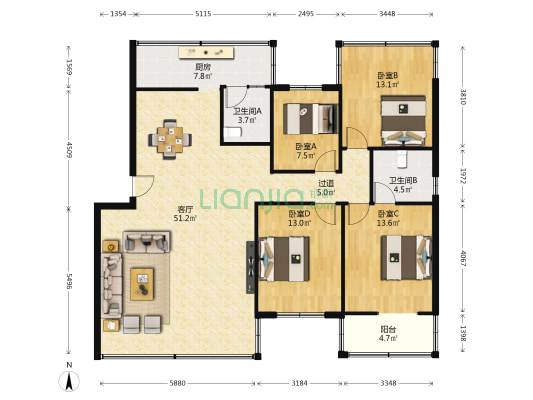 平湖花園 4室1厅2卫 130平方
