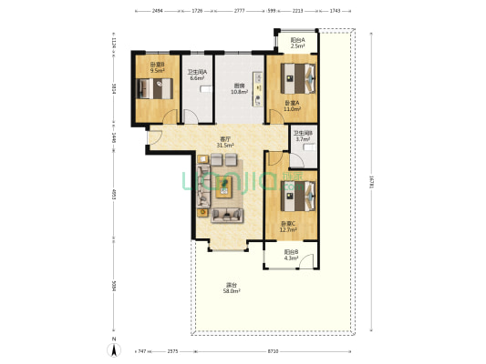 开发区 万悦城 大3居 带170平米 露台 带2个车位-户型图