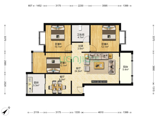 景秀庄园 3室2厅1卫 106平方