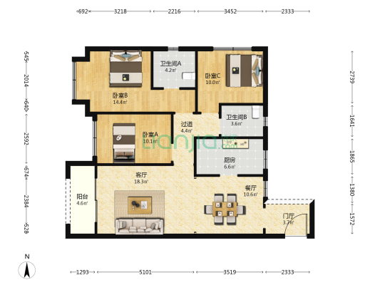 云青花园A1区 3室2厅2卫 116平方