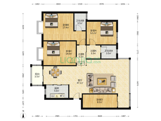 家旺苑小区 4室1厅2卫 135平方