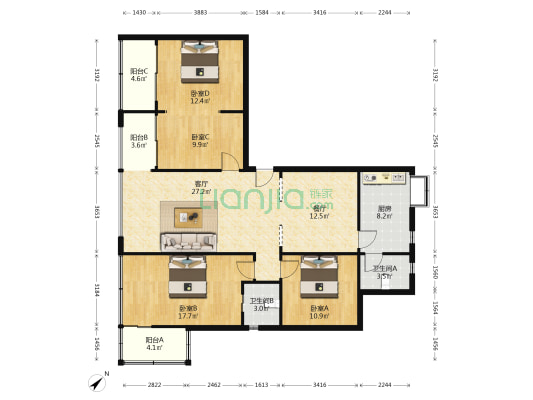 宝岛公寓花莲里159-160号 4室2厅2卫 144平方