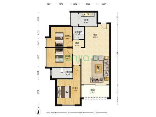 麓湖苑 3室1厅2卫 107平方