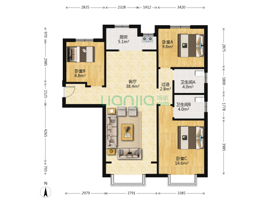 中海国际公园城瞰湖苑 3室1厅2卫 125平方