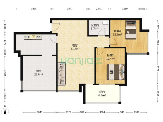 金海岸·天府花园水城 2室1厅1卫 89平方