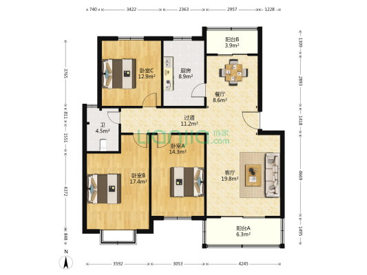 聚福源 3室2厅1卫 134平方