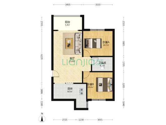 鹏渤御苑 2室2厅 北 南-户型图
