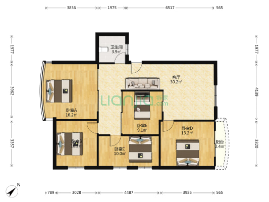 现代城市广场 5室1厅1卫 133平方
